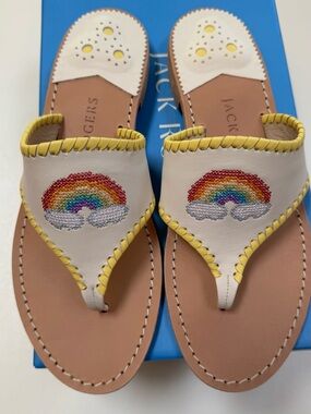 Jack Rogers White Leather Thong Sandals with Yellow Trim 9